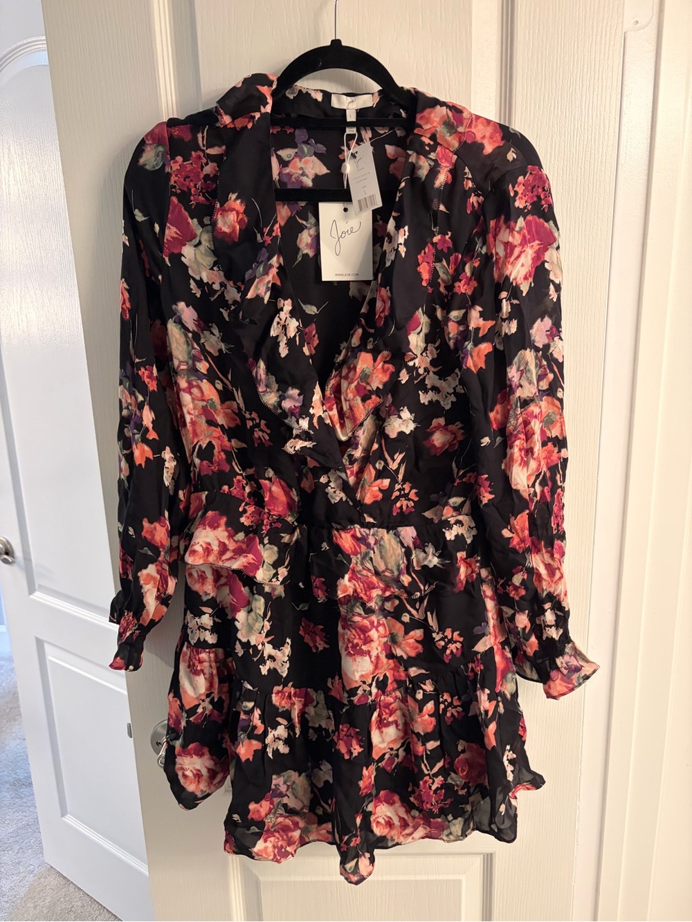 Joie Black Floral Ruffle V-Neck Mini Dress with Pink and Red Blossoms. New w tag